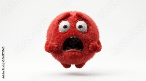 A terrified red furry ball character floating on a white background, featuring wide-open eyes, realistic fur, and an expression of extreme fear and shock.
