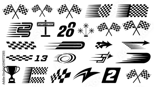 Obraz na plátne checkered flags and racing symbols vector start finish trophy speed lines black