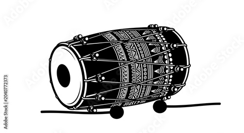 Photos A detailed black and white illustration of a traditional Indian dholak drum