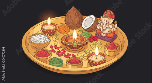 Bild auf Leinwand A traditional Hindu prayer plate featuring a Ganesha idol and lit oil lamps