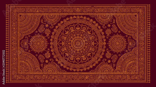 Intricate maroon and gold mandala pattern rug design.