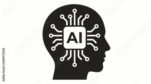 Black and white vector illustration of a human head with a microchip containing AI in the brain representing artificial intelligence and technology