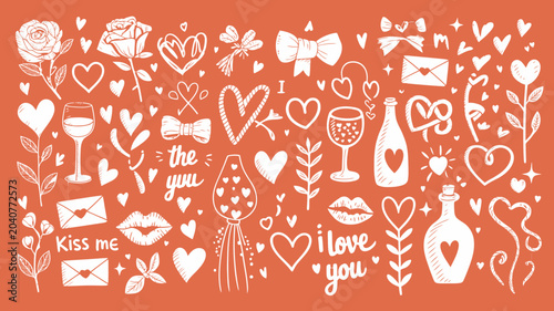 Obraz na płótnie romantic doodles on orange background hearts flowers wine glasses love notes bow