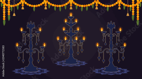 Canvastavla Three ornate dark blue metal candle stands with glowing warm lights