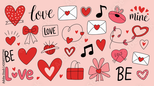 Canvastavla love themed doodles on pink background hearts envelopes music notes bows flowers