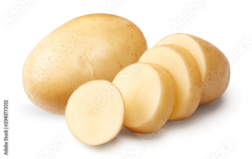 sliced raw potato isolated on white background. clipping path