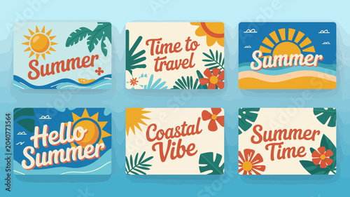 Foto summer themed cards vector travel coastal vibe hello time sun beach waves flower
