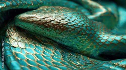 Highly detailed close up showcases the textured scales of a serpentine creature with vibrant teal and gold coloration