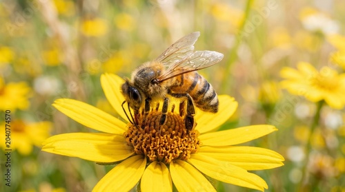 : Honeybee Pollinating Yellow Daisy Flower