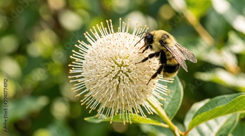 : Bumblebee Resting on White Spherical Buttonbush Flower with Green Bokeh Background