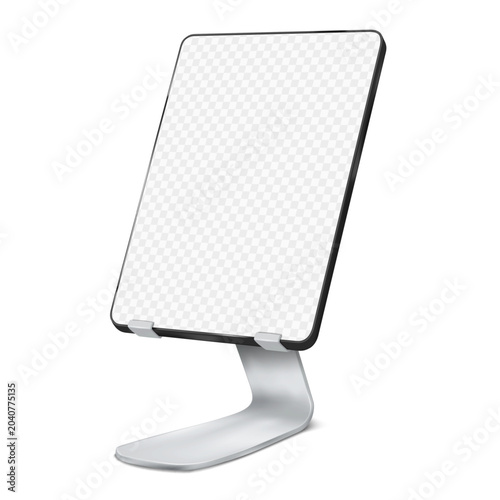 Desktop digital tablet holder ipad stand. Realistic 3d vector mockup. Portable monitor display with blank transparent screen on metal tabletop stand. Mock-up. Easy editable template for design