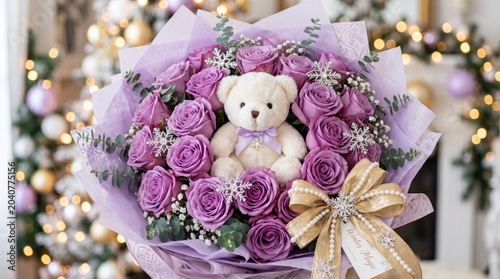  Purple Roses Bouquet with White Teddy Bear Wrapped in Purple Paper with Gold Ribbon and Christmas Lights Background