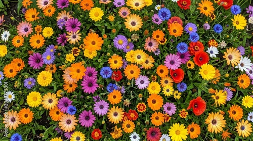 : Overhead view of dense colorful flower field tapestry
