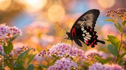 : Black butterfly with red and white markings on pink flowers