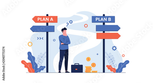 Confused man standing at crossroads and thinking about choosing between Plan A and Plan B for his career and future.
