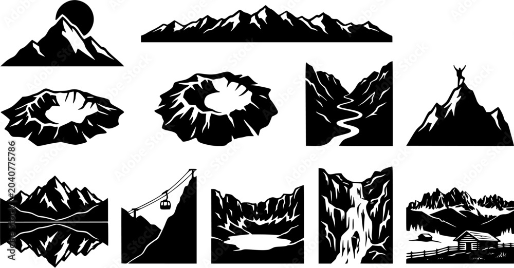 Fototapeta premium Set of mountain landscape icons featuring hiking, peaks, waterfalls, and alpine scenery in black and white silhouette style.