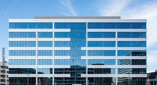 Modern office building featuring contemporary corporate architecture with large glass windows and polished steel on the exterior facade, design, company, polished