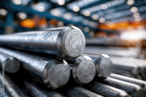 Stacked steel bars gleam under industrial lights