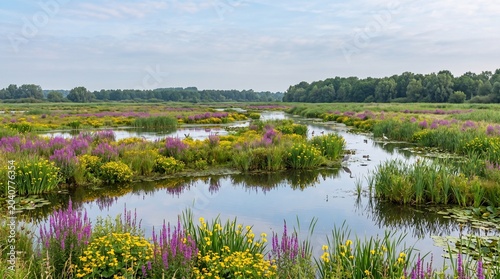 Meandering river through colorful wetland vegetation under cloudy sky