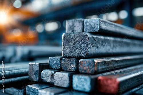 Industrial steel bars stacked neatly in a factory setting