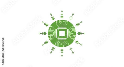 Green microchip and circuit board technology icon isolated