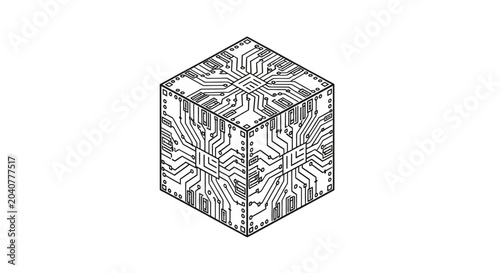 Isometric cube with black circuit board pattern on white background