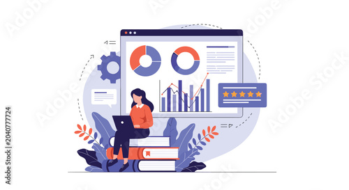 Woman analyzing business growth data on large digital dashboard while sitting on stack of books with laptop computer.