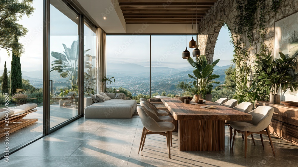 Fototapeta premium Glass doors open to sweeping mountain views
