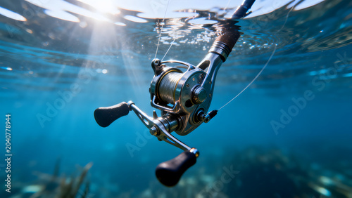 limnetic. Close-up of a metallic fish hook submerged in clear blue water. wildlife magazines, conservation campaigns, designed for eco-tourism storytelling, celebrates biodiversity.