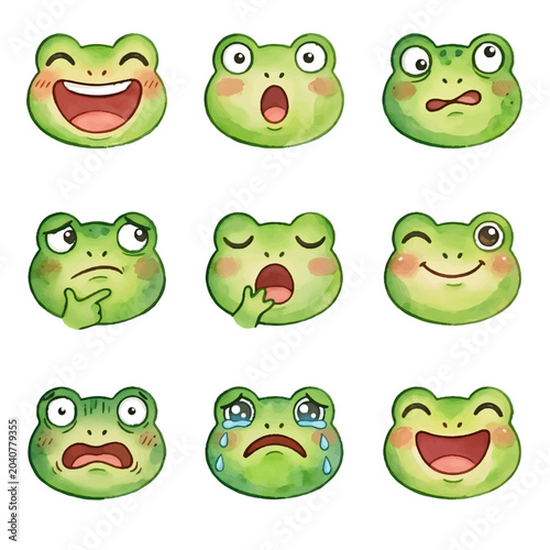 Tableau sur toile Cute Cartoon frog Animal Faces Set Collection watercolor