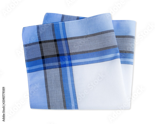 A classic men's blue, gray and white plaid cotton handkerchief is neatly folded and isolated on a white background.