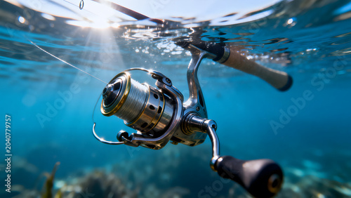 limnetic. Close-up of a metallic fish hook submerged in clear blue water. wildlife magazines, conservation campaigns, designed for eco-tourism storytelling, celebrates biodiversity.