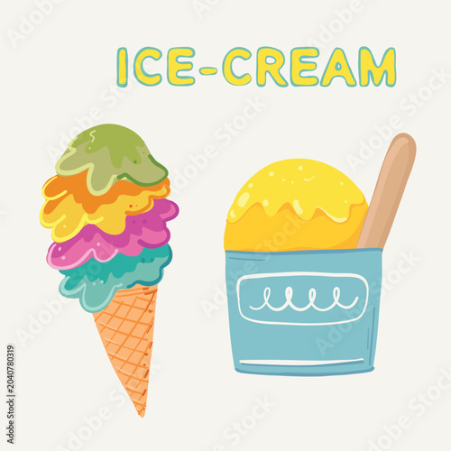 Colorful Ice Cream Cone and Cup Illustration with Text 'ICE-CREAM' Per