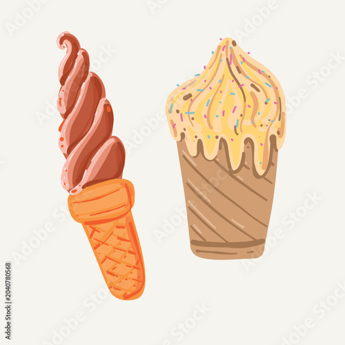 Ice Cream Cone and Cupcake with Sprinkles Illustration Set - Perfect fo