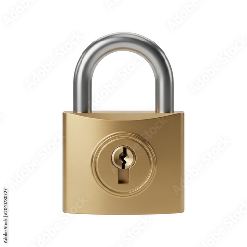 Golden brass padlock with open shackle on white background