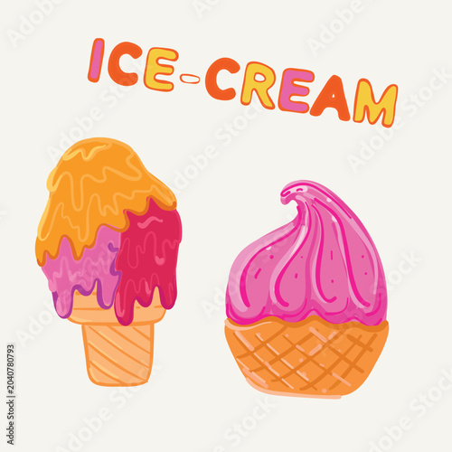 Colorful Ice Cream Set with Text in Hand-Drawn Style. Perfect for gree
