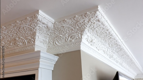 Ornate white crown molding featuring detailed floral and leaf relief patterns adorns the intersection of walls and ceiling.