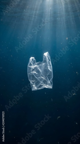 Plastic bag floating beneath the ocean surface