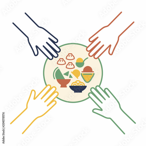 Four hands reaching to share a meal with various small food bowls and utensils