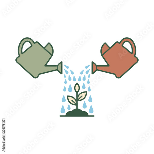 Two watering cans nurturing a small plant, symbolizing growth and care