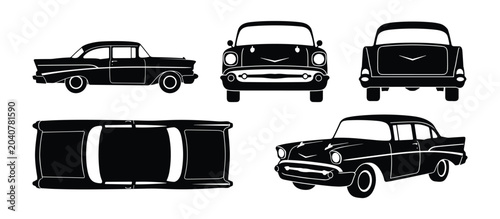 Photos 1950s Classic American Sedan Silhouette Set — Retro Chrome Era Automobile Black
