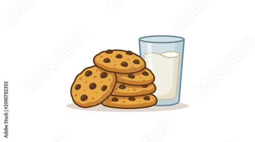 Chocolate Chip Cookies Stacked Next to Glass of Milk, Sweet Snack Illustration