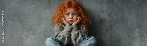 Red Haired Child Sitting Cross Legged and Crying Sad Emotion Portrait on Neutral Background