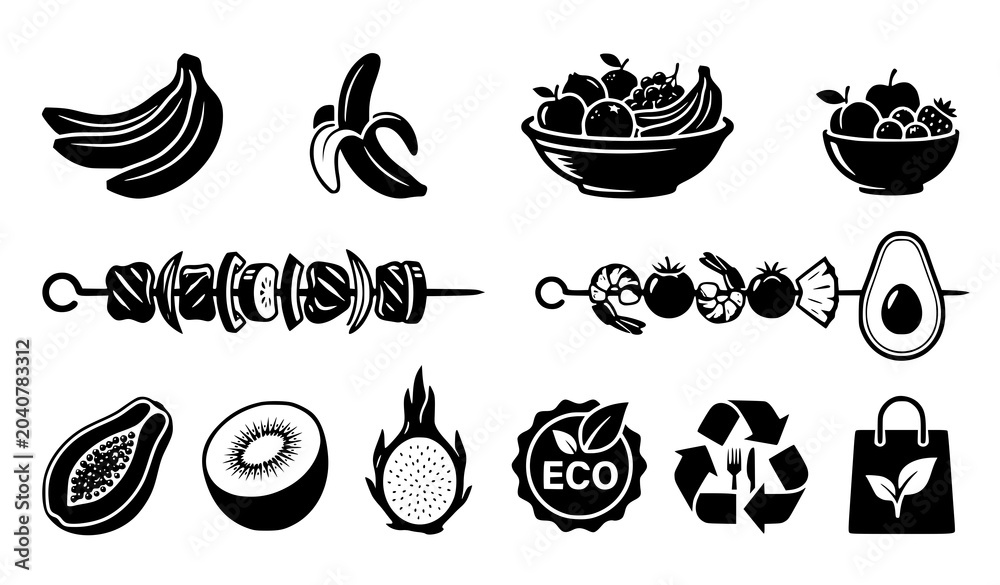 Naklejka premium Sustainable food icon set with fruit bowl bananas skewers and organic produce vector graphics