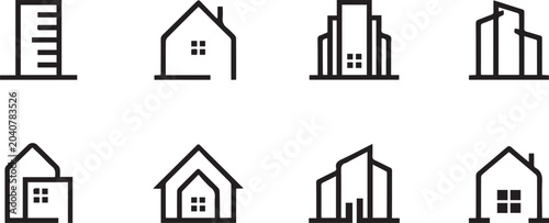 Black and white of eight different house types with windows and doors home building architecture des
