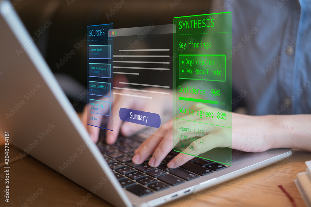 Obraz premium Person using AI agent workflow automation system technology innovation process citation data analysis information network, research and development concept