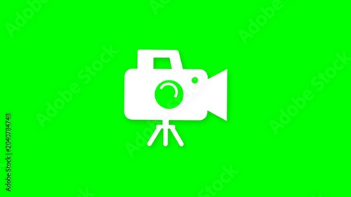 Minimalist white video camera icon with tripod on vibrant green screen background for digital media