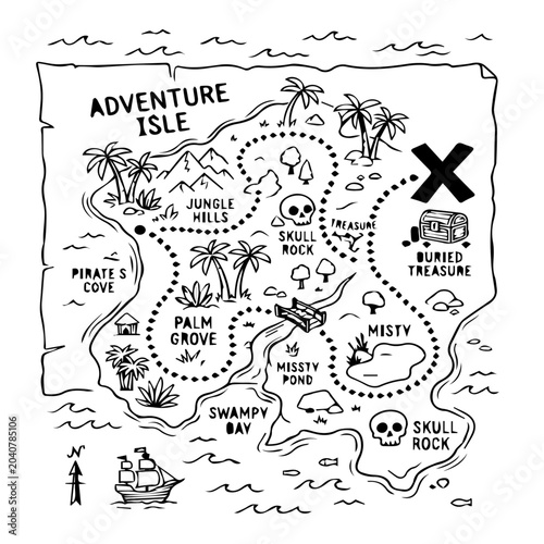 Foto Hand-drawn pirate treasure map of Adventure Isle with dotted path to buried trea