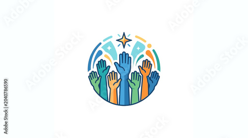 Foto Diverse hands raised in colorful circle with star, symbolizing teamwork, communi
