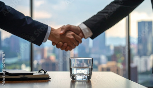 -focus team handshake, foreground focus on a glass of water on a table